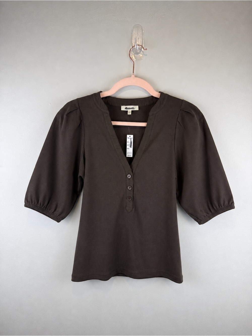 Madewell Brown Puff Sleeve Henley Knit Top XS NWT Modal Blend - Picture 3 of 7